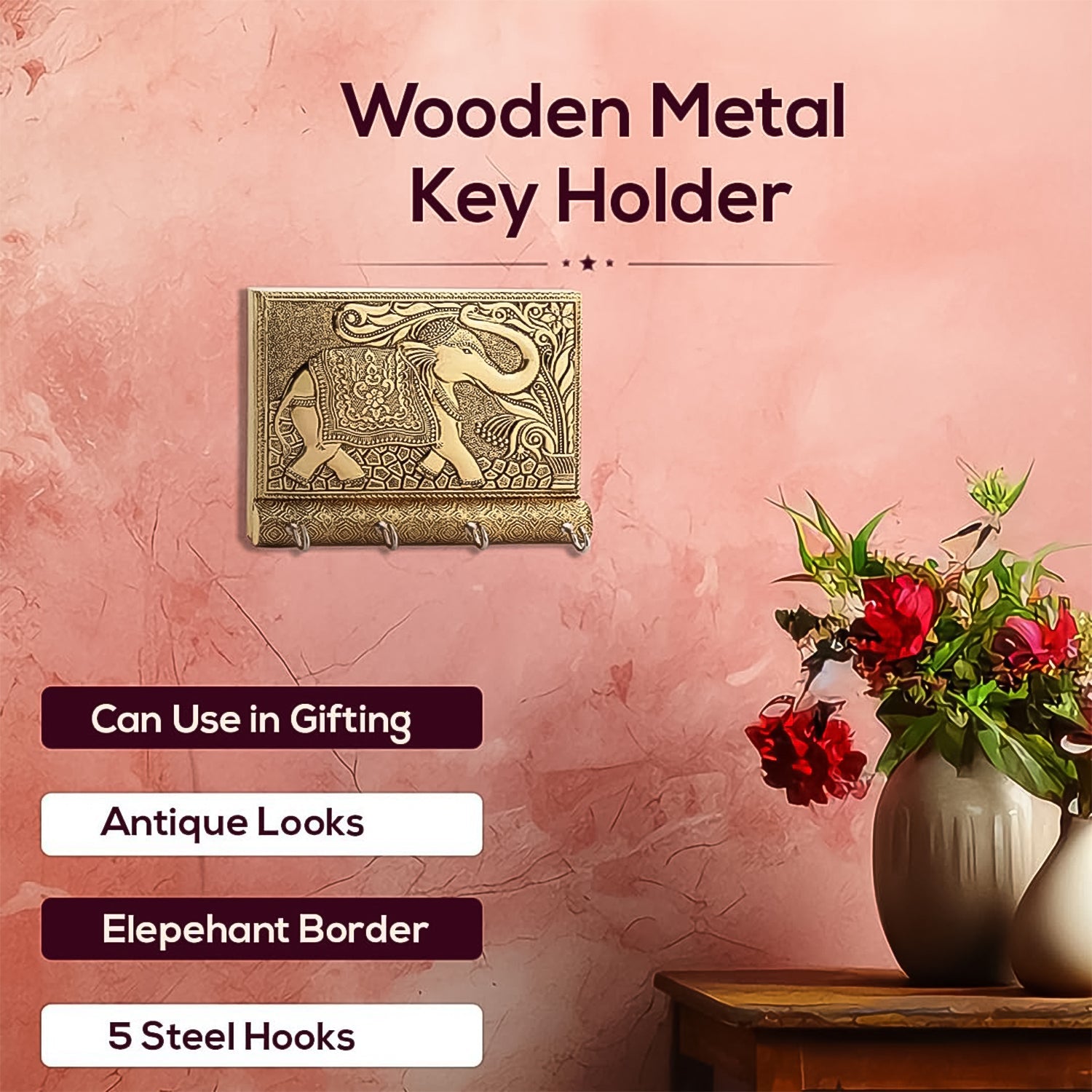 Wooden Key Holder For Home Decor Stylish Metal Gold Antique Elephant Design (1 Pc) Wooden Key Holder For Home Decor Stylish Metal Gold Antique Elephant Design (1 Pc)